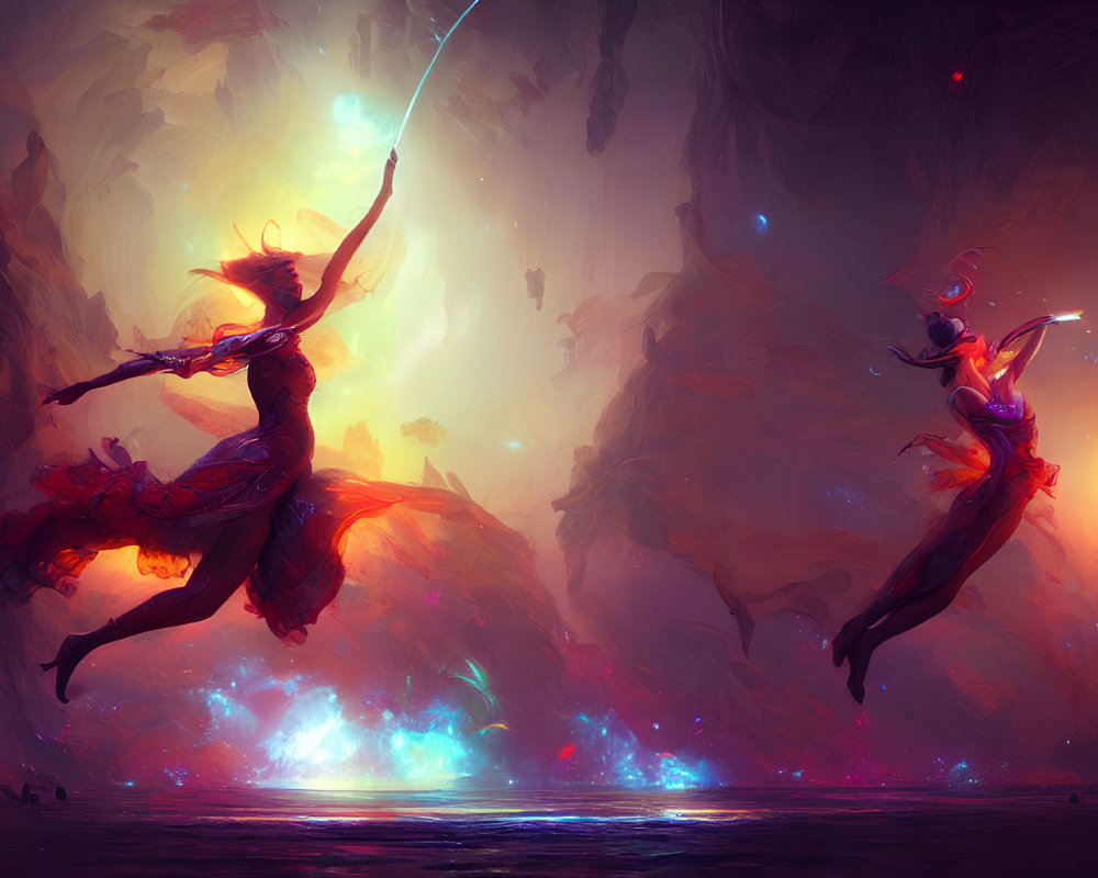 Ethereal figures dancing in glowing cave atmosphere