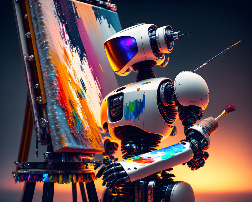 Robot painting colorful strokes on canvas against warm backdrop