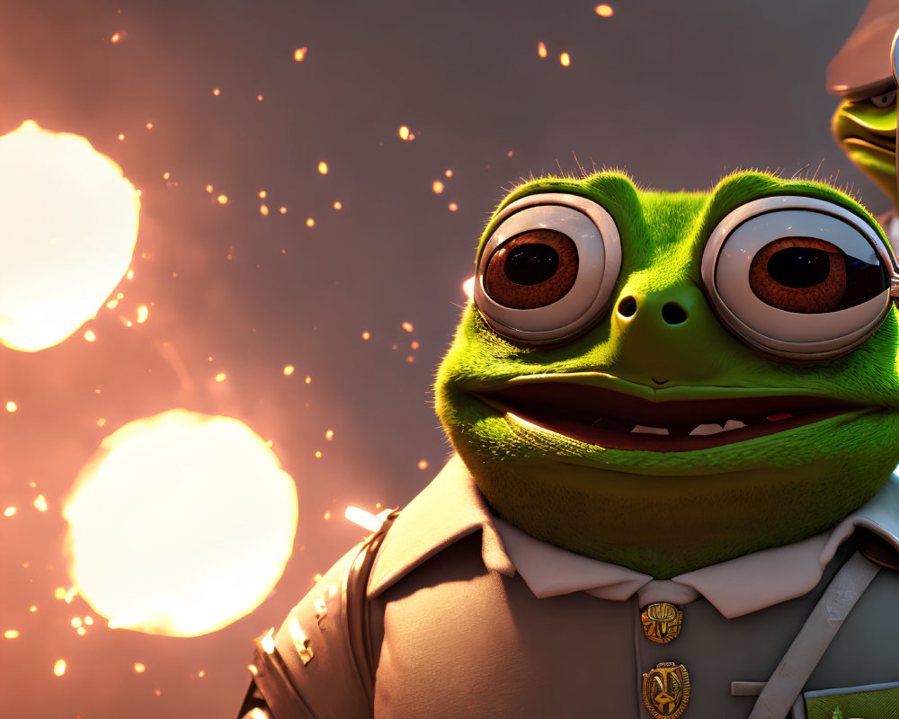 Stylized animated frog in military uniform with expressive eyes on dramatic orange background