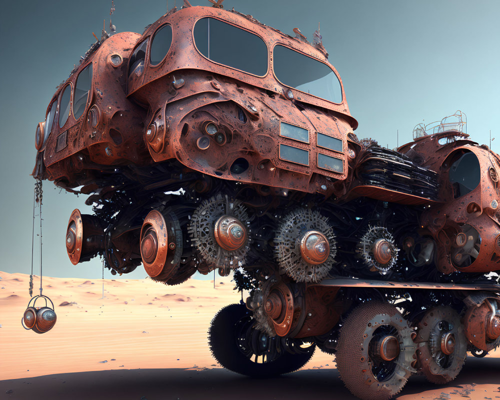 Rusty, multi-wheeled vehicle in barren desert landscape.