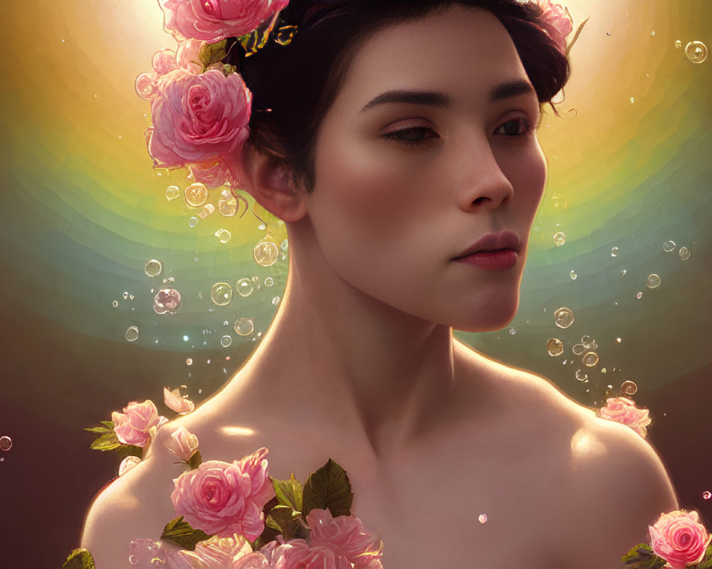 Digital portrait of woman with roses in hair, surrounded by glowing bubbles on warm background