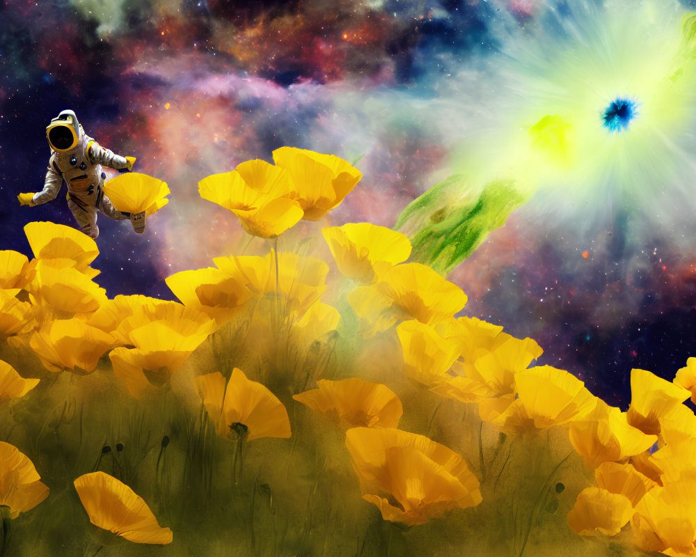 Surreal scene: yellow poppies field, astronaut in cosmic sky