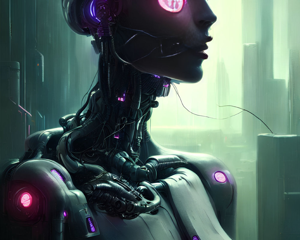 Female Android with Illuminated Symbols in Neon Cityscape