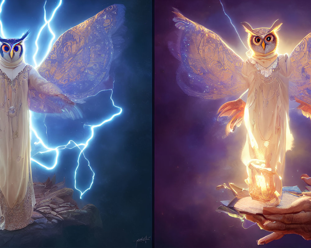 Anthropomorphic owl in robe with outstretched wings and glowing orb.