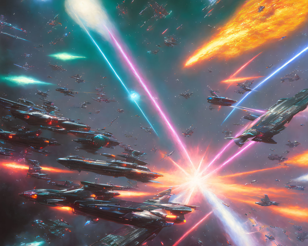 Colorful Sci-Fi Space Battle Scene with Ships and Laser Beams