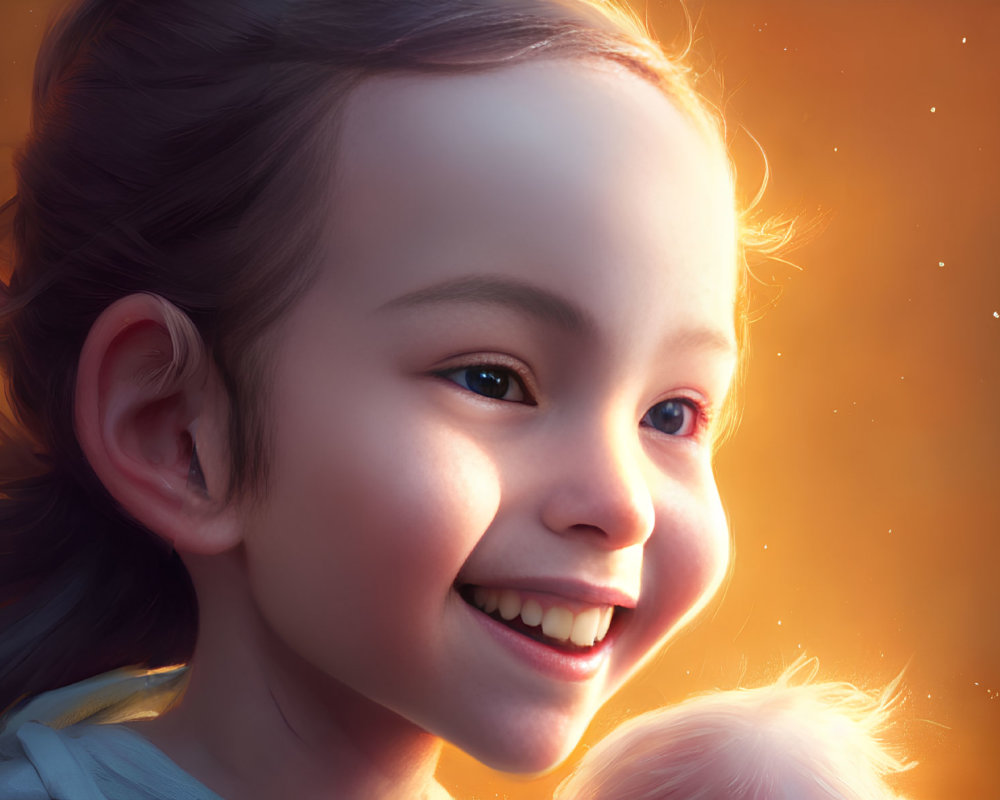 Smiling young girl with glowing cheeks and sparkling eyes in sunset backdrop