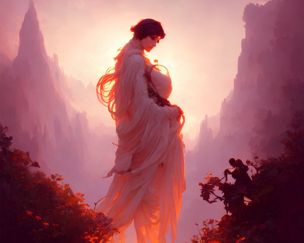 Woman in flowing white dress with glowing orb in lush pink landscape