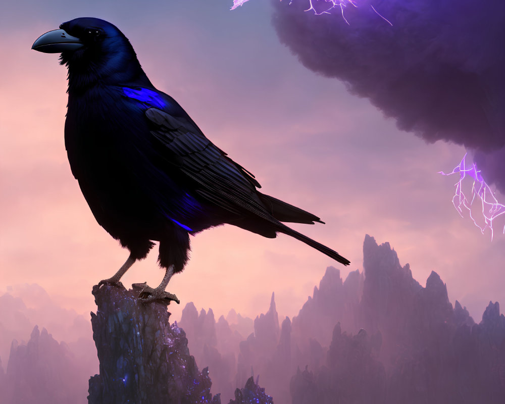 Crow perched on craggy peak under purple skies with lightning.