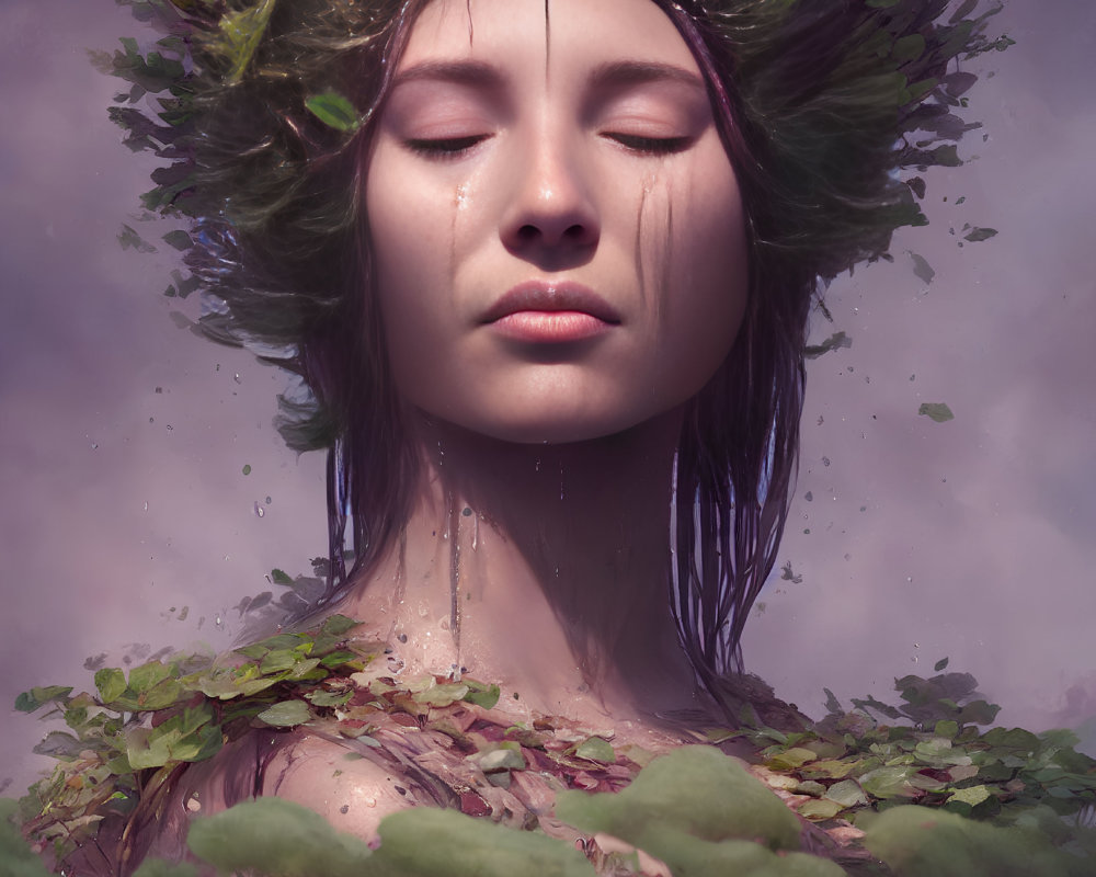Mystical woman with leafy crown and nature aura