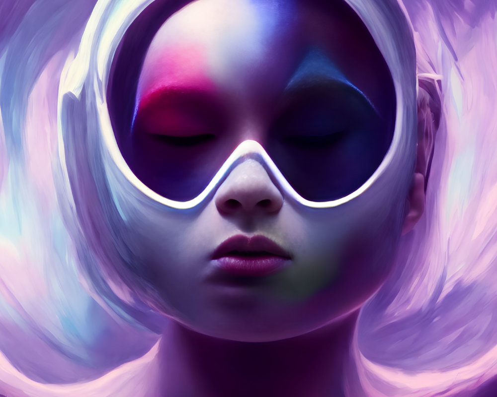 Person in futuristic headset surrounded by vivid purple hue