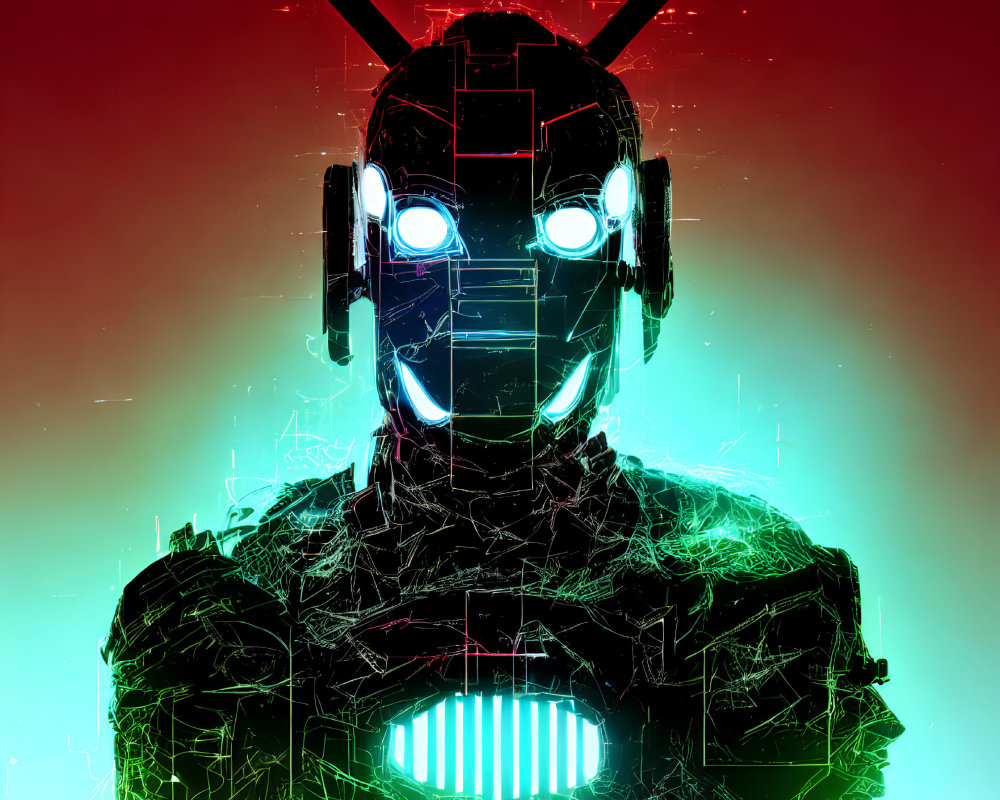 Futuristic Robot with Glowing Eyes on Red and Green Gradient Background