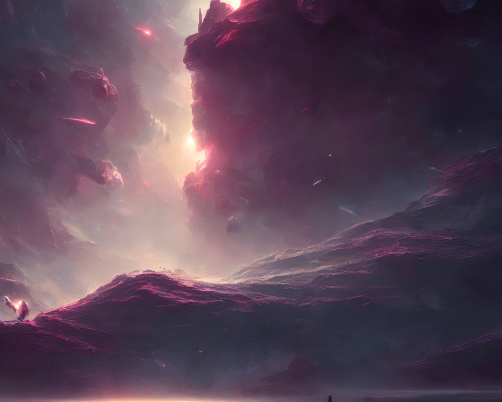 Mystical landscape with towering rock formations and glowing pink sky