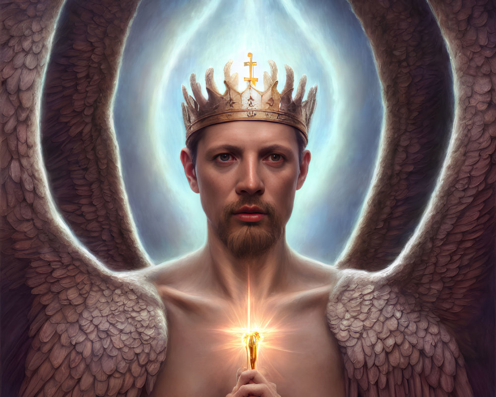 Crowned figure with angelic wings holding glowing sword