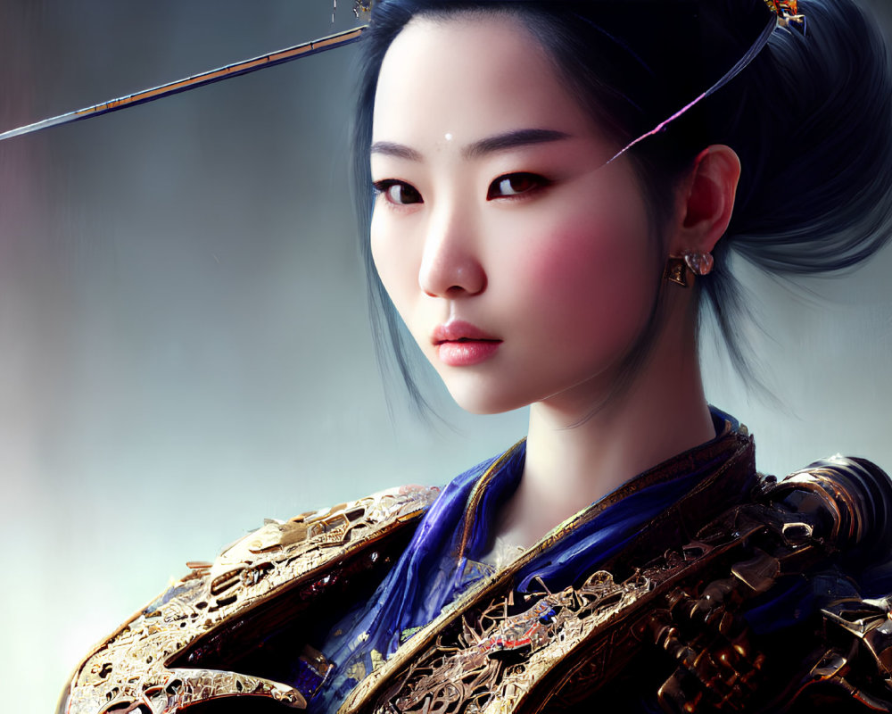 Asian warrior woman digital portrait in ornate traditional armor with sword through hair