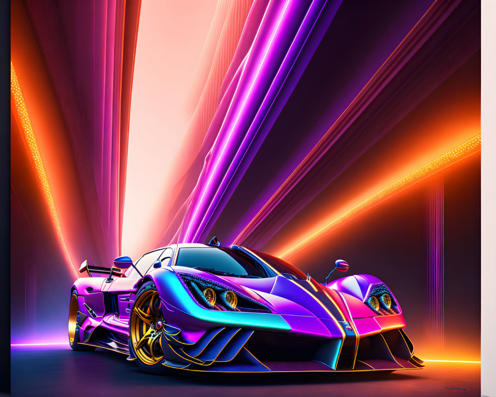 Neon-lit purple and blue sports car on dynamic backdrop