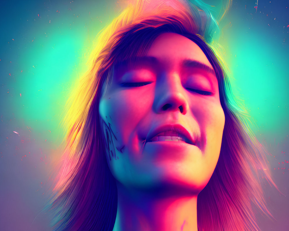 Woman bathed in vibrant neon pink and blue lights with closed eyes