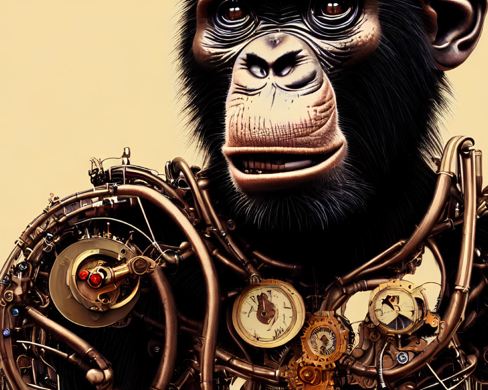 Chimpanzee illustration with steampunk mechanical body on tan background