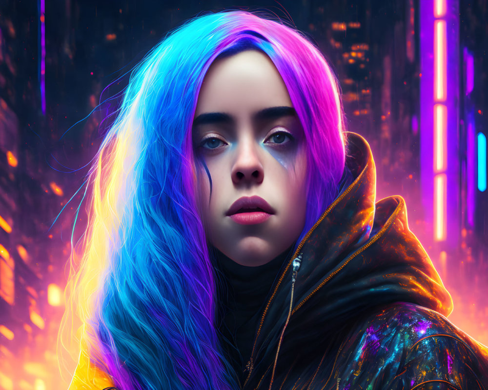 Vibrant blue and purple hair on person with yellow eyes in futuristic digital art