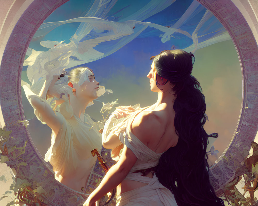 Ethereal artwork: Two women in flowing attire, vines, circular frame, serene color palette