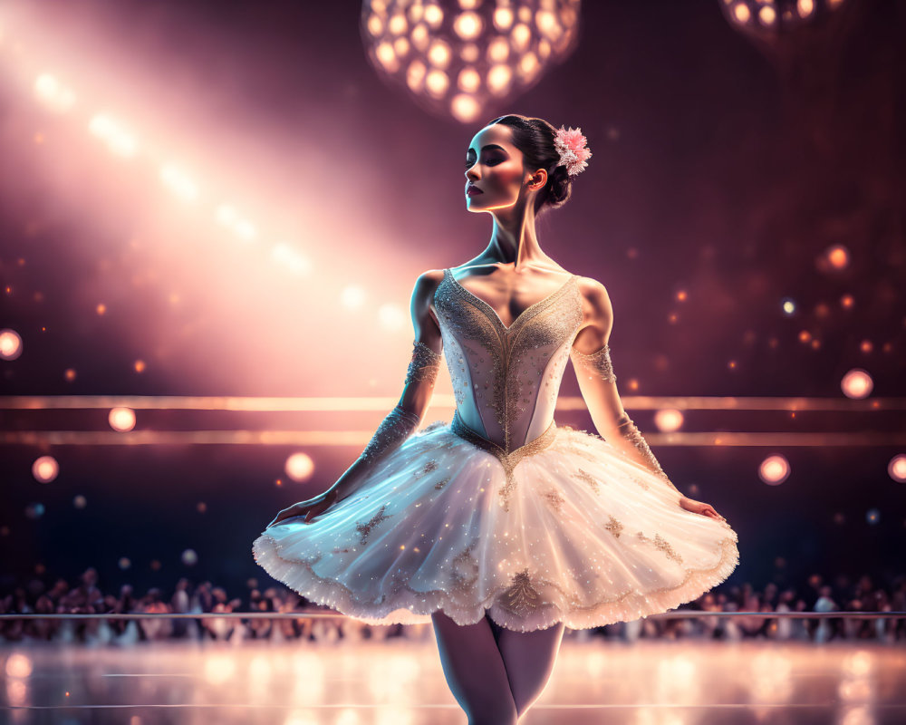 Elegant ballet dancer on stage with glowing orbs and sparkling tutu