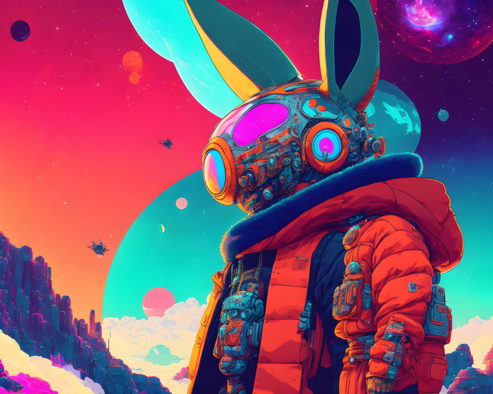 Stylized character in orange spacesuit on alien planet with colorful skies