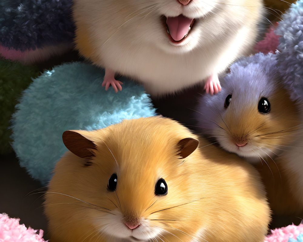 Colorful Cartoon Hamsters with Fluffy Balls
