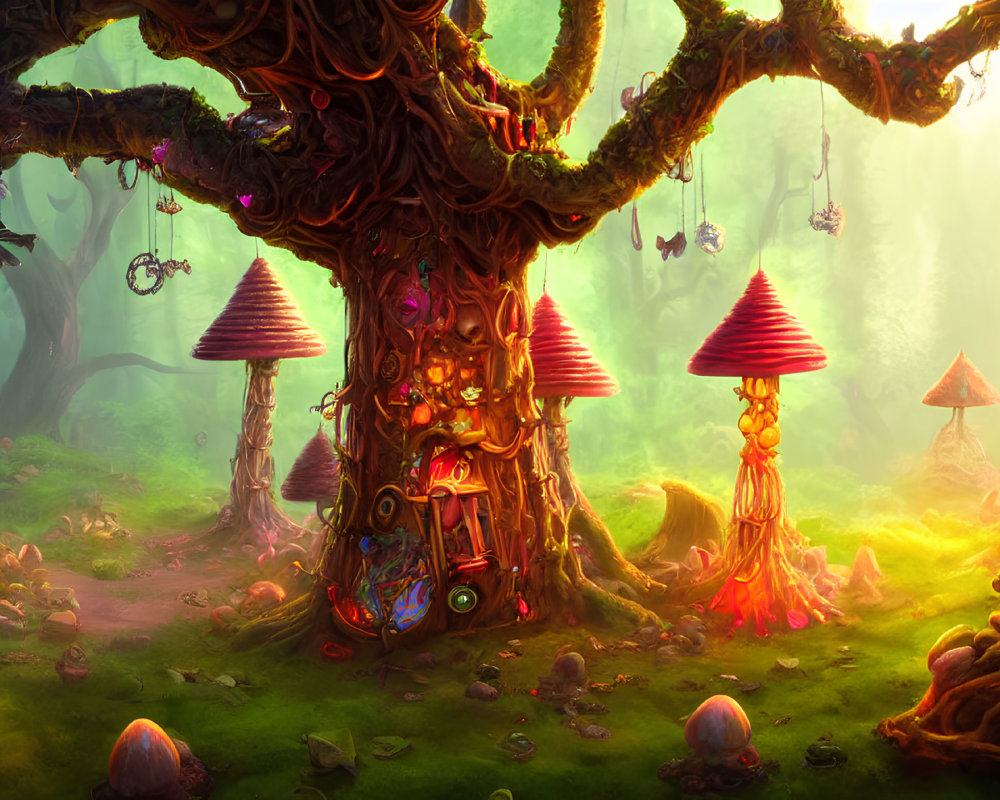 Mystical treehouse in enchanted forest with glowing mushrooms
