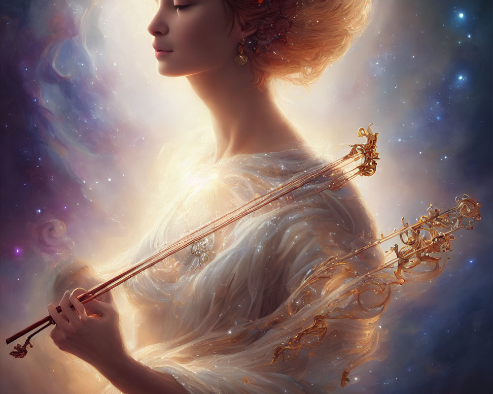 Ethereal woman with celestial hair accessories holding golden key in cosmic glow