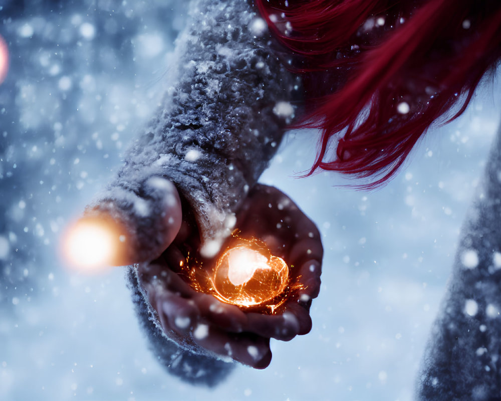 Red-haired person holding glowing orb in snowy landscape