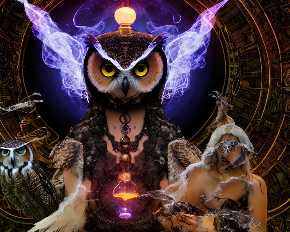 Mystical composition with large owl, magical symbols, smaller owl, and cloaked figure