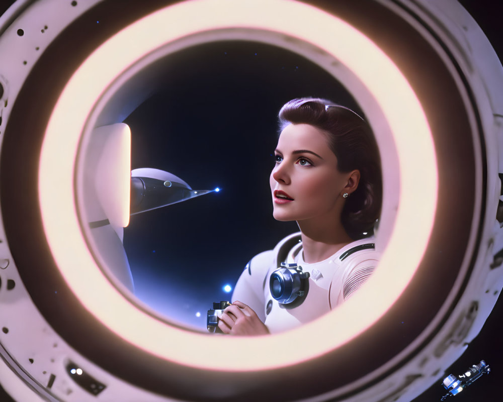 Female astronaut in retro-futuristic space suit gazes from spacecraft porthole at distant spaceship in