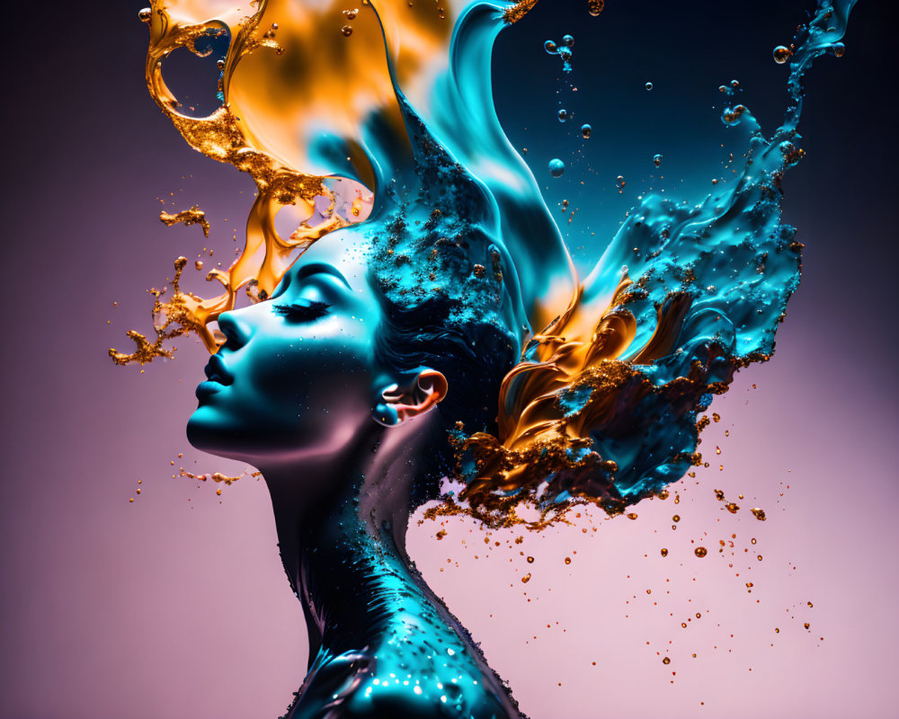 Woman Profile with Blue and Orange Liquid Splashes on Purple Background