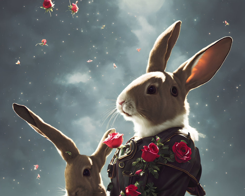 Anthropomorphic rabbits in elegant attire under starry sky with roses and full moon