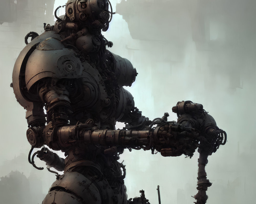 Detailed robot illustration in foggy industrial cityscape