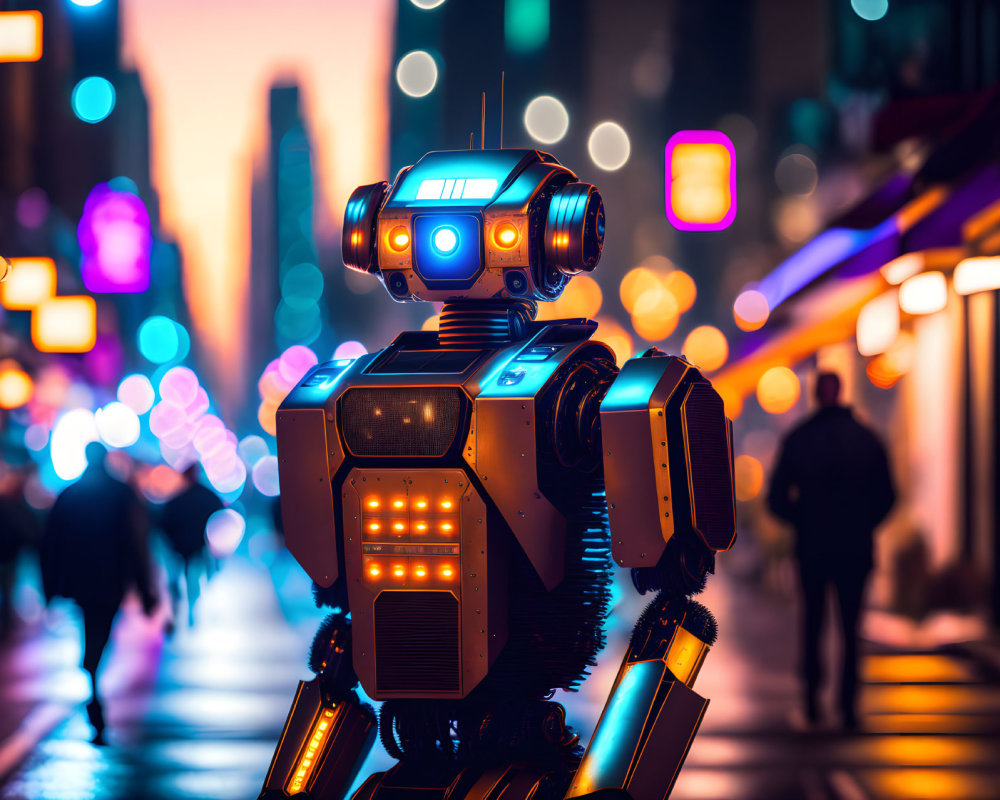 Futuristic robot in neon-lit city street at night
