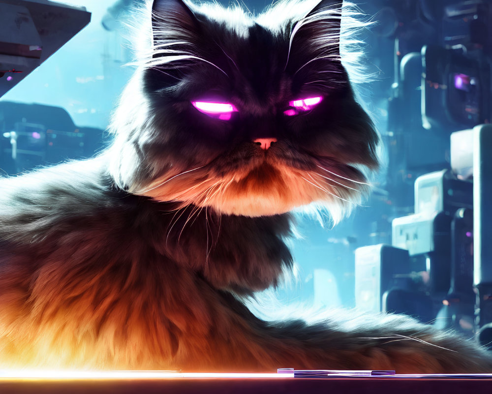 Fluffy cat with pink eyes in futuristic cityscape with neon blue palette