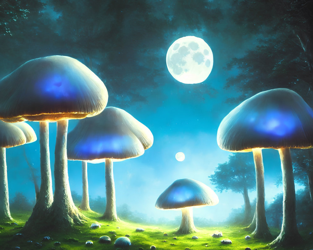 Enchanted forest with oversized luminescent mushrooms at night