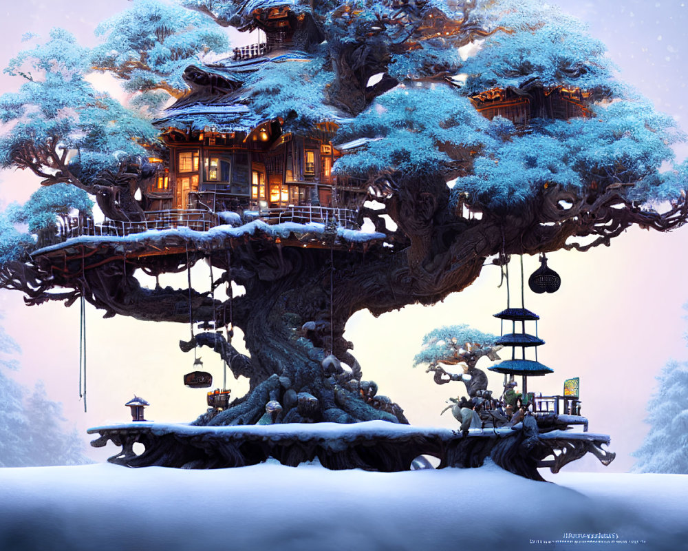 Snow-covered treehouse with glowing lanterns in twilight winter scene