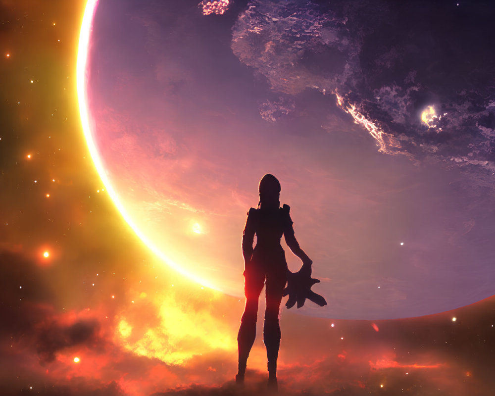Silhouette of humanoid figure on surreal celestial landscape