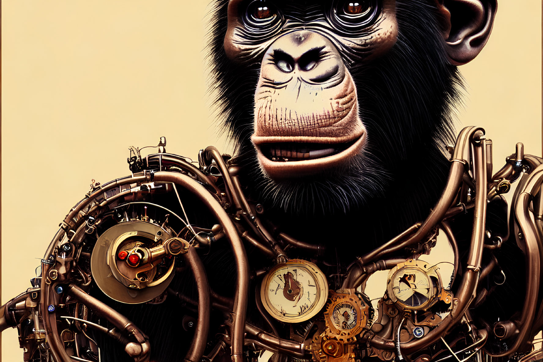Chimpanzee illustration with steampunk mechanical body on tan background