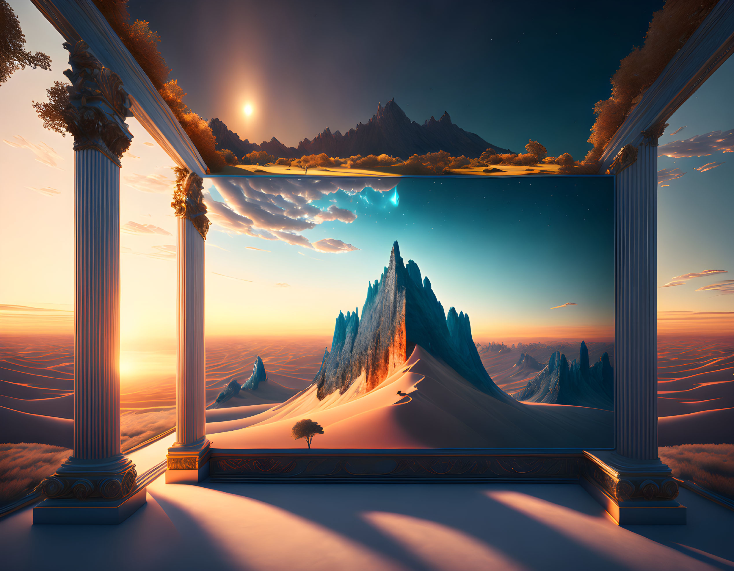 Surreal landscape with classical columns, mountains, starry sky, and dunes at sunset or