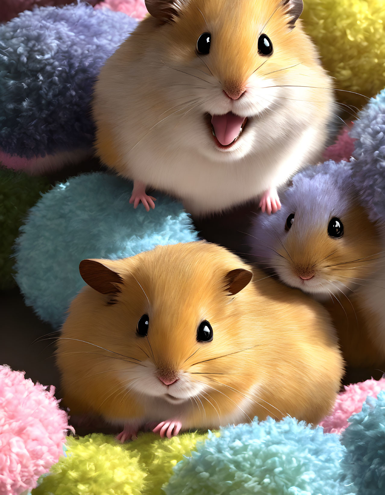 Colorful Cartoon Hamsters with Fluffy Balls