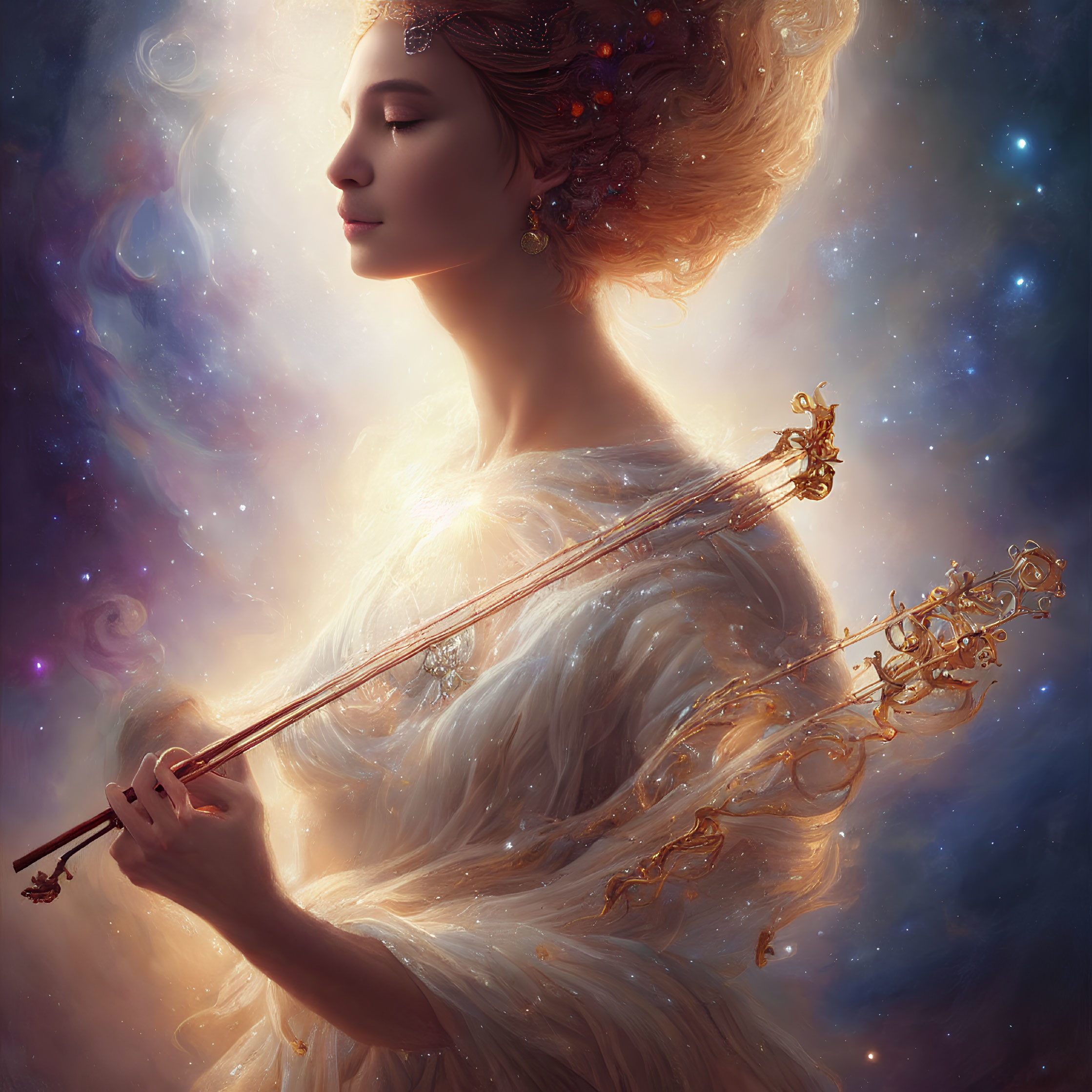 Ethereal woman with celestial hair accessories holding golden key in cosmic glow