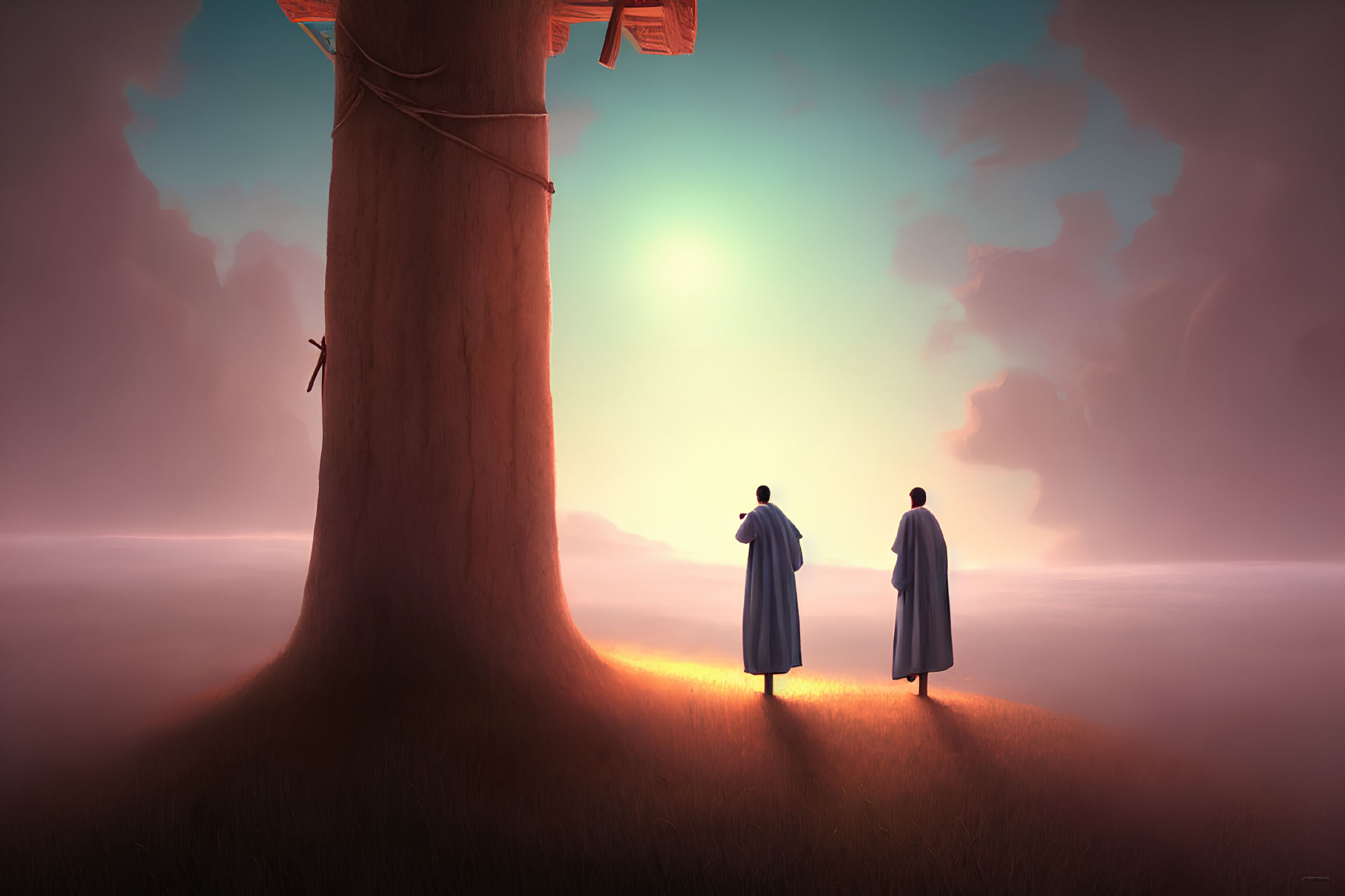 Two People in Robes on Platforms by Giant Tree and Cloud Sea at Dusk