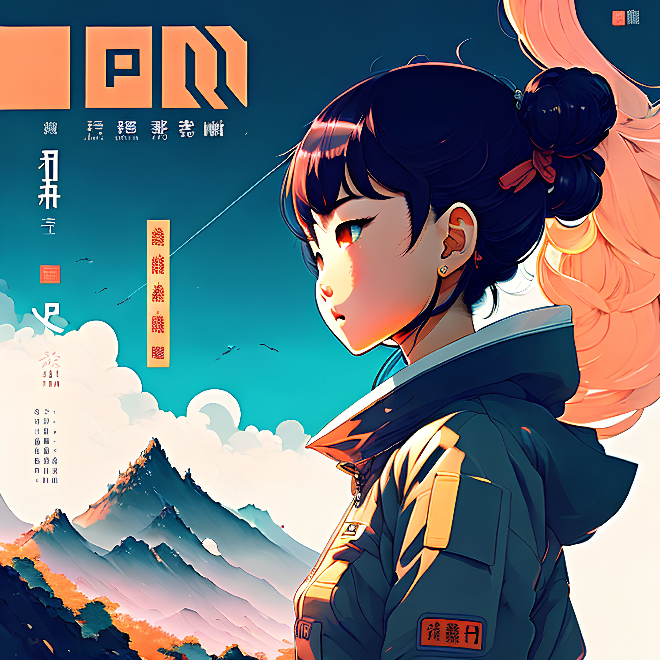 Illustration of girl in yellow and blue outfit with ponytail, mountain landscape & stylized clouds