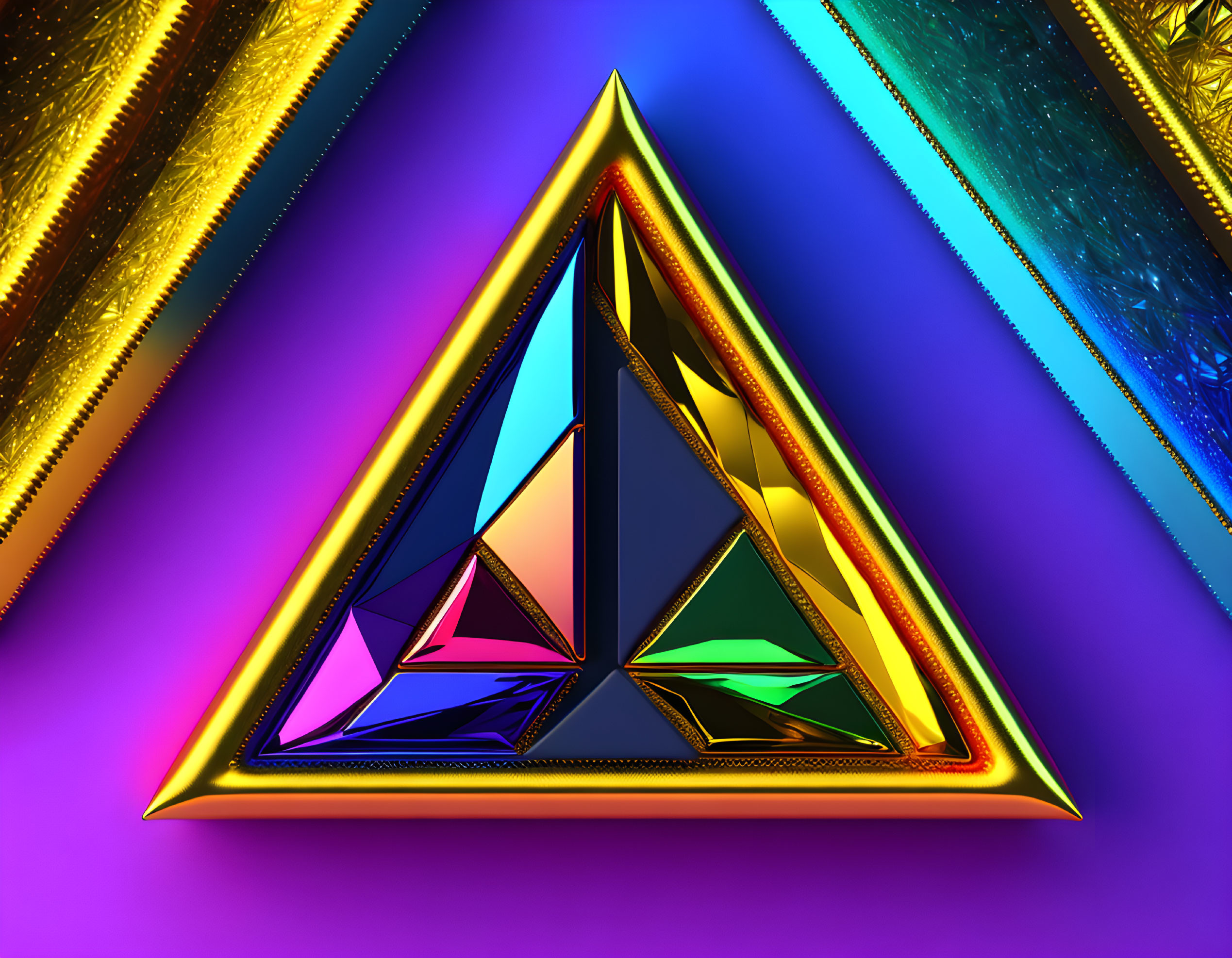 Colorful 3D triangular fractal art with gold accents on purple background