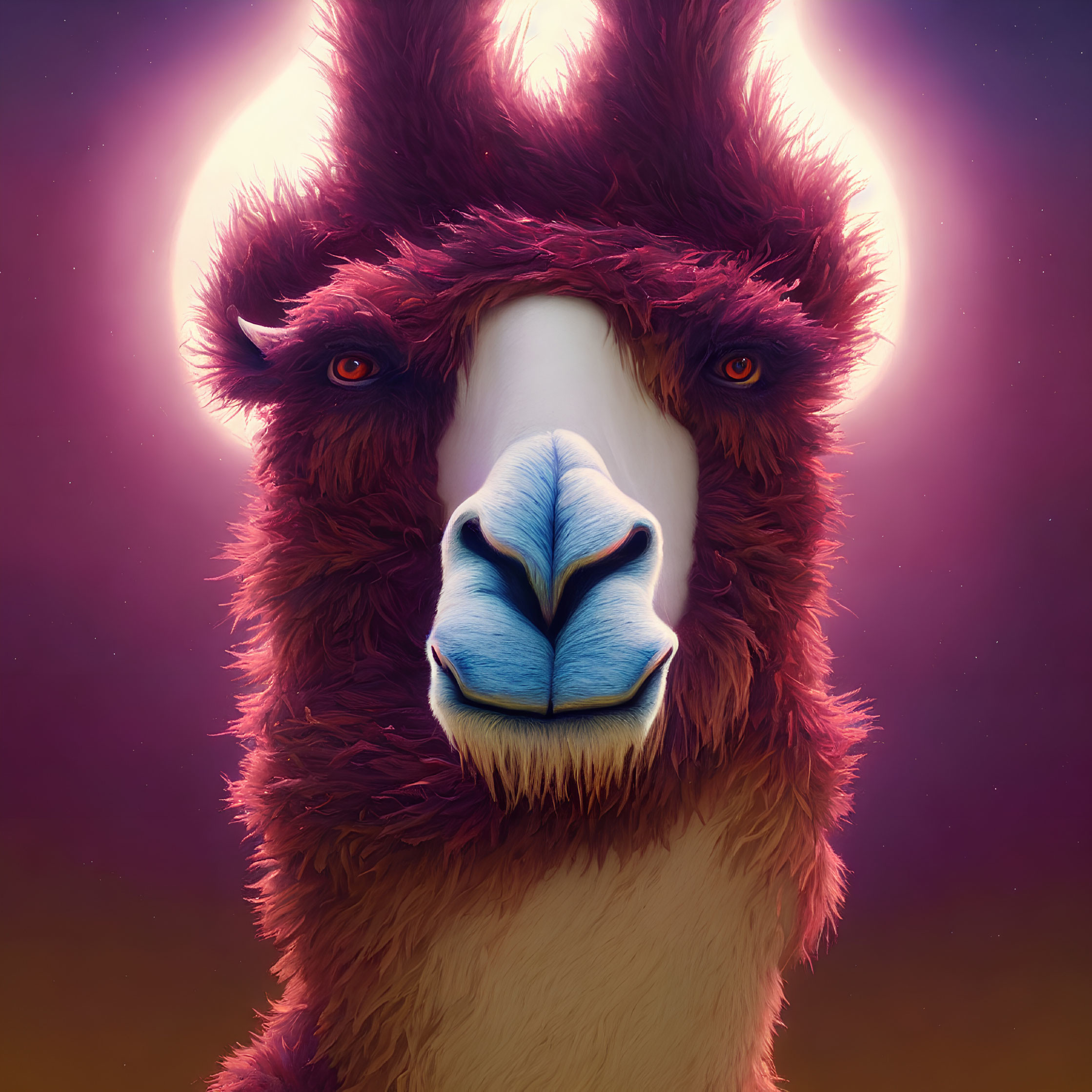 Vivid magenta llama portrait on purple background