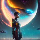 Futuristic woman on alien planet with ringed planet and spaceships