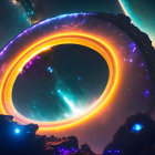 Vibrant nebula, swirling rings, and glittering stars in cosmic scene