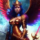 Fantastical female figure with red wings and golden armor on celestial backdrop